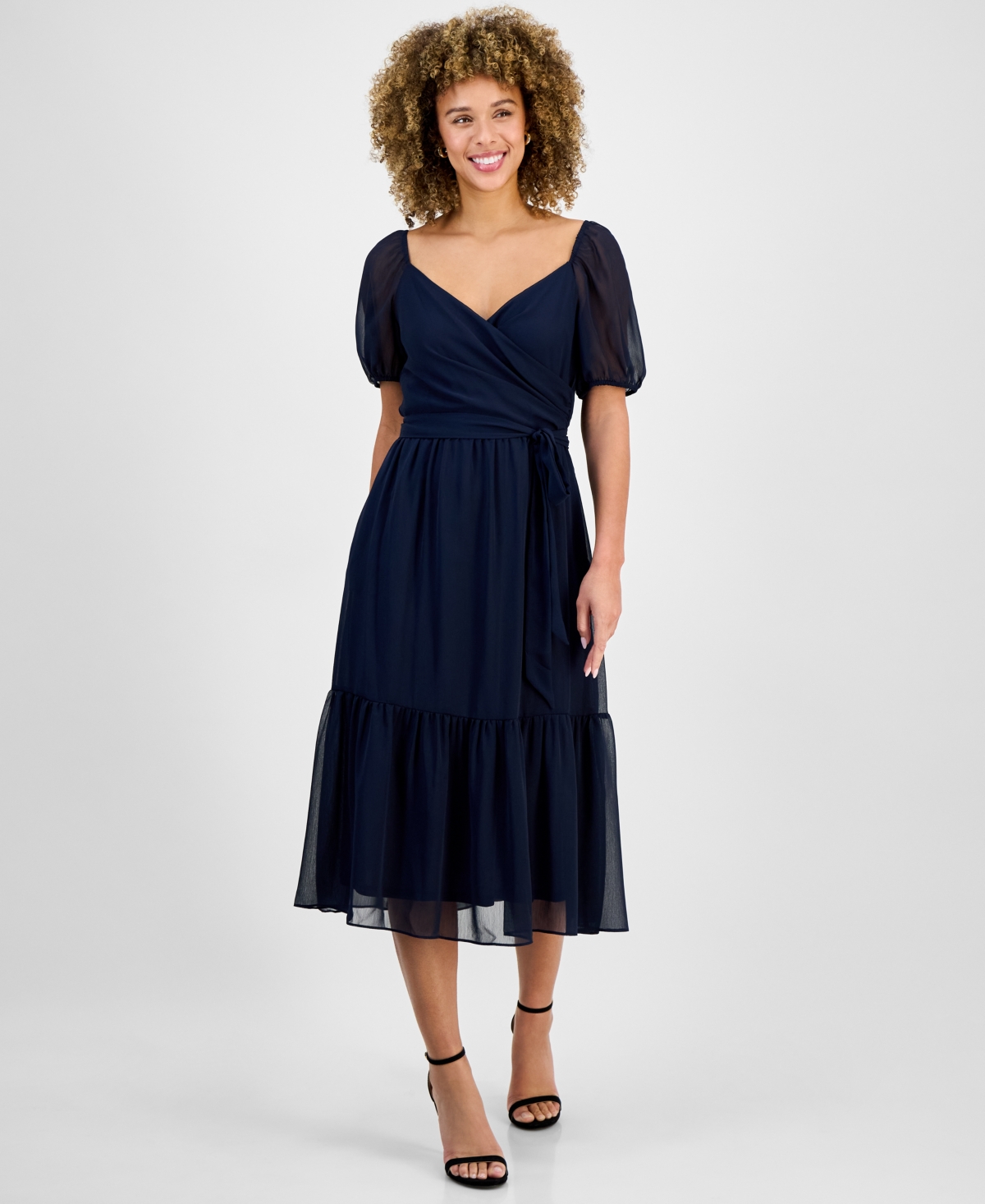 julia jordan Women’s Puff-Sleeve Belted Midi Dress – Navy julia jordan Women’s Puff-Sleeve Belted Midi Dress – Navy