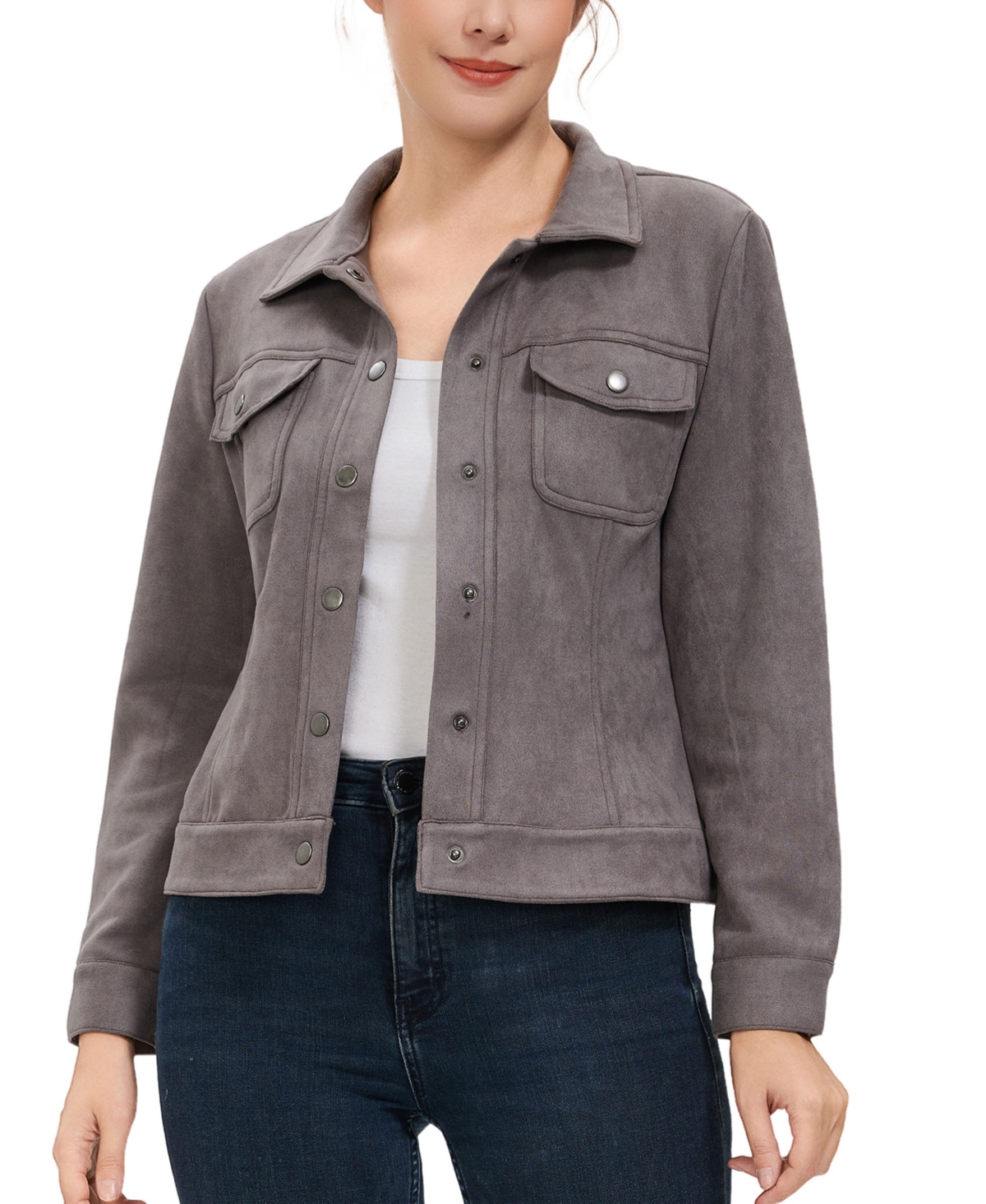 kimi + kai Women’s Faux Suede Trucker Jacket – Gray kimi + kai Women’s Faux Suede Trucker Jacket – Gray
