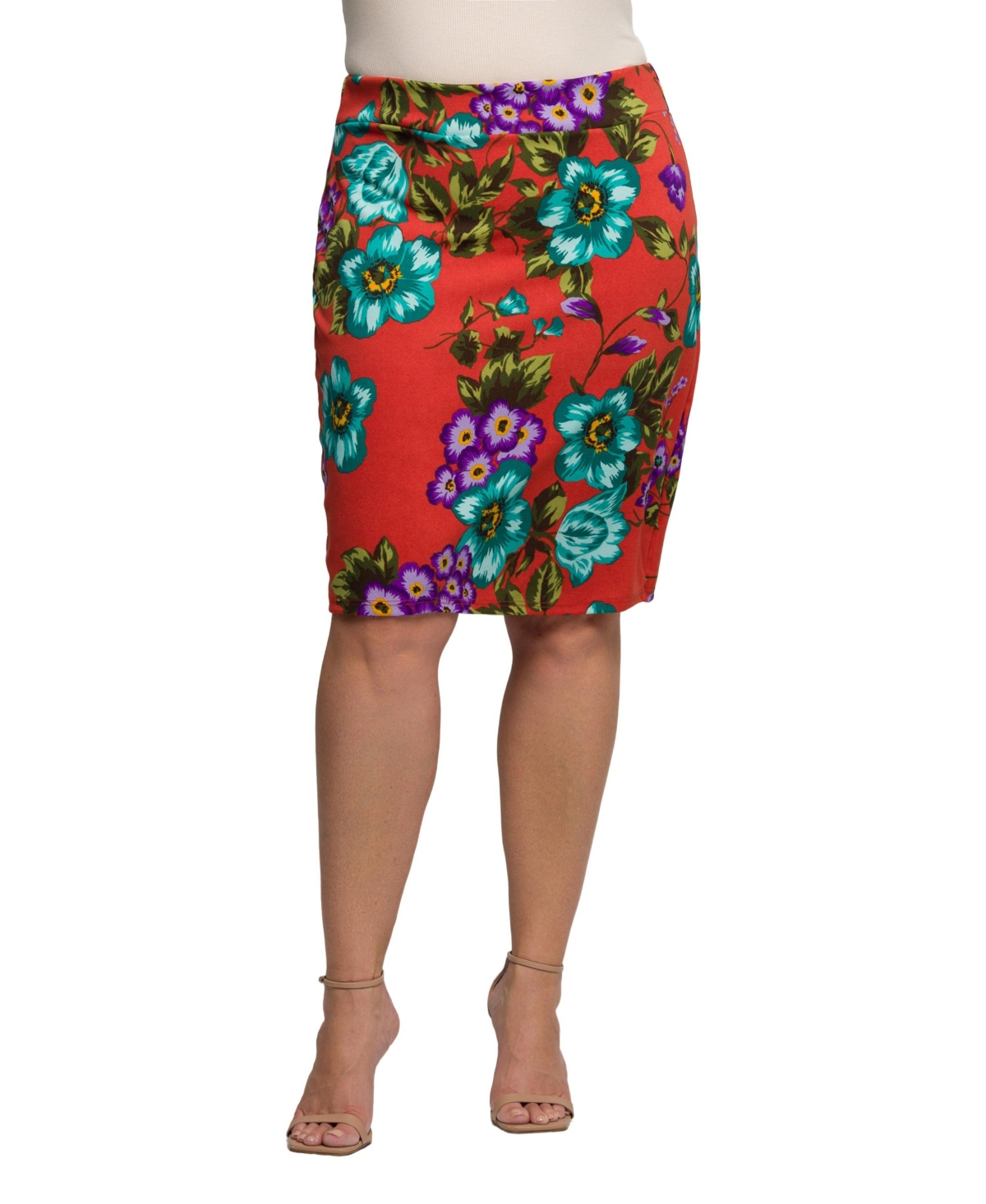 24seven Comfort Apparel Plus Size Orange Floral Print Knee Length Pencil Skirt – Multi