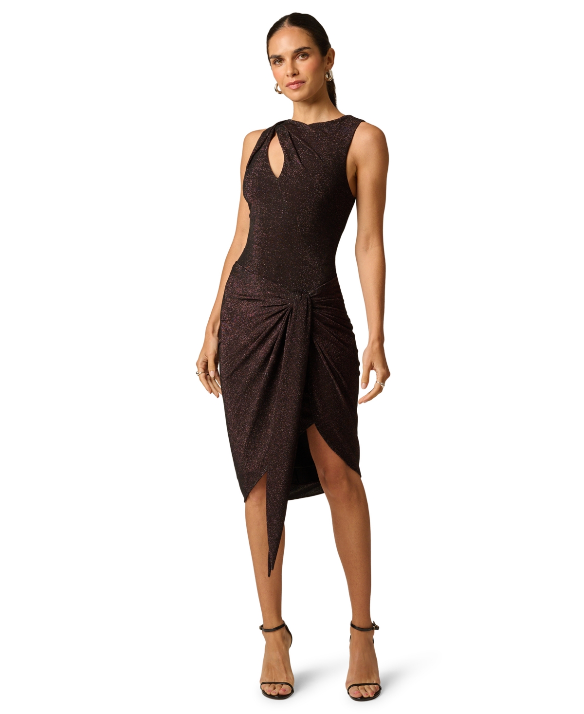 Adrianna Women’s Metallic-Knit Draped-Skirt Mini Dress – Chocolate