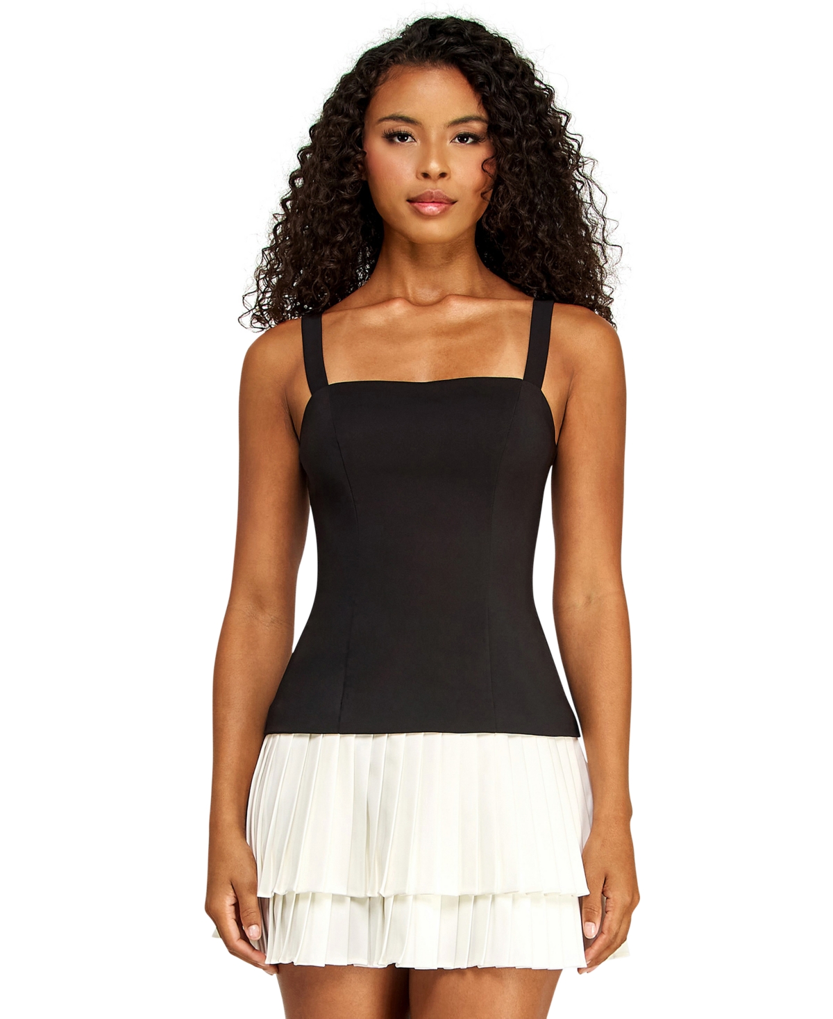 Alex & Sophia Juniors’ Square Neck Pleated Mini Dress – Black/White