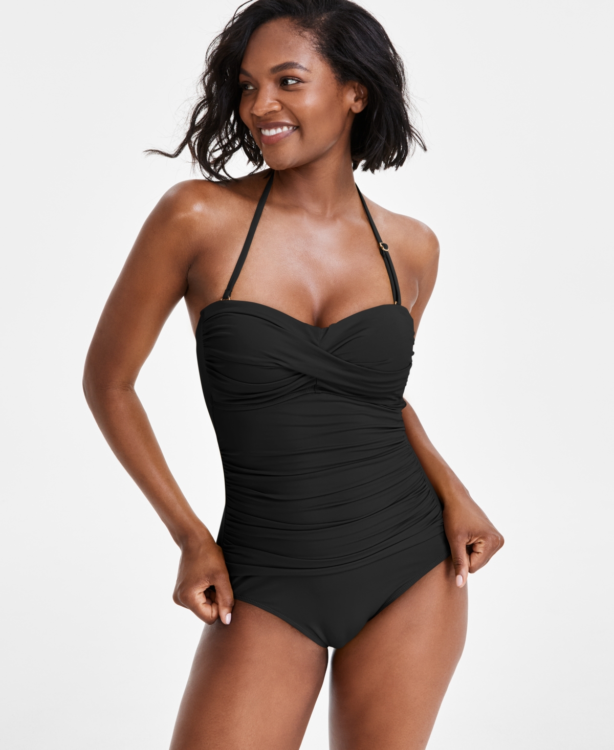 Anne Cole Twist-Front Ruched One-Piece Swimsuit – Black