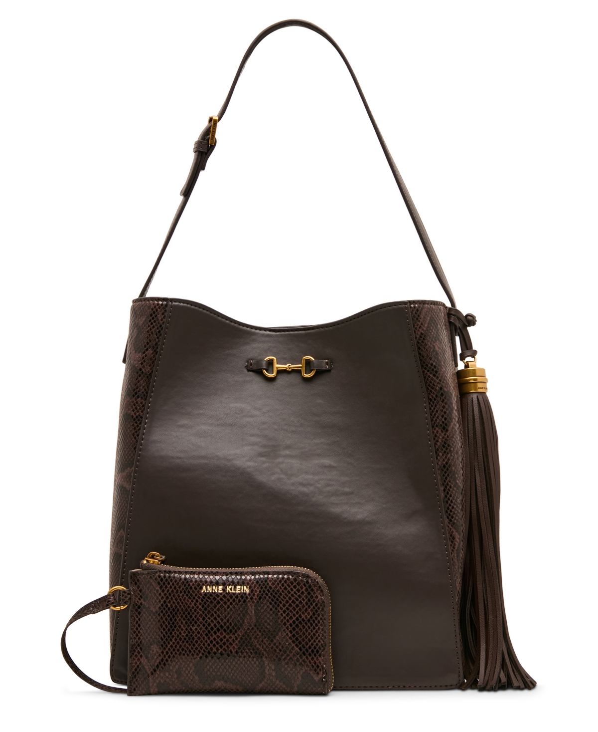 Anne Klein Horsebit Tassel Small Hobo Handbag – Brown