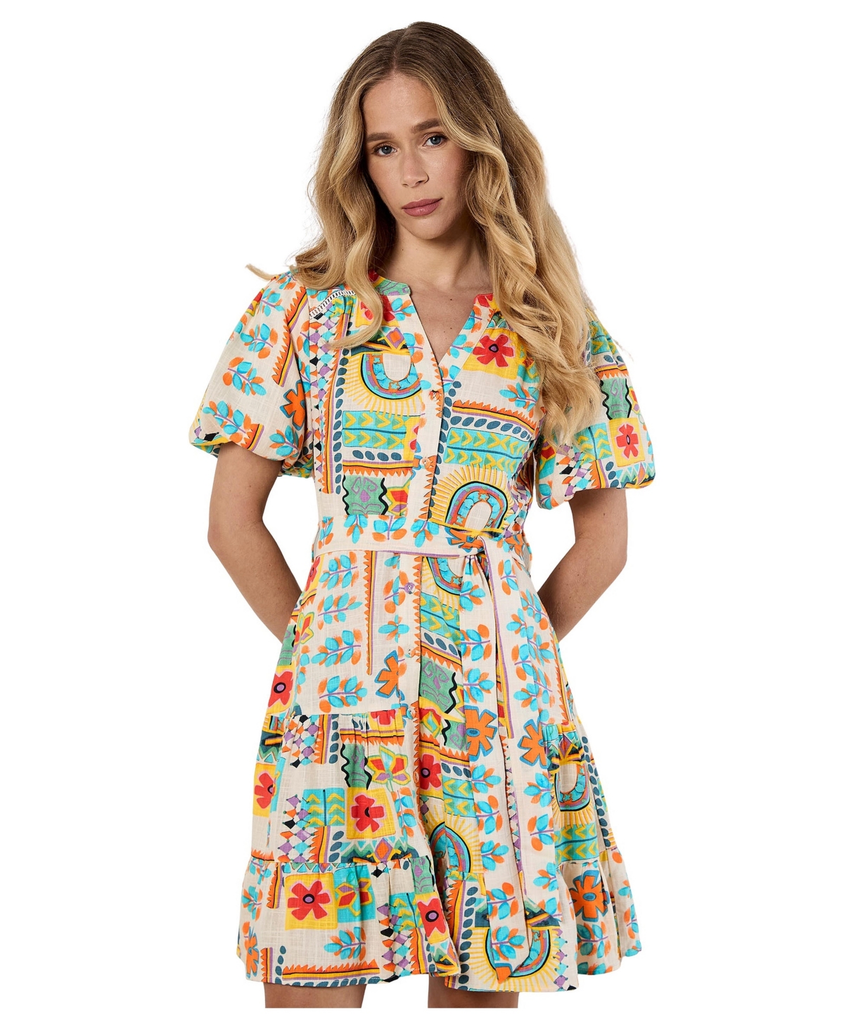 Apricot Women’s Tropical Animation Puff-Sleeve Tropical-Print Tiered Mini Dress – Assorted Apricot Women’s Tropical Animation Puff-Sleeve Tropical-Print Tiered Mini Dress – Assorted