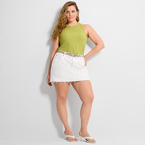 Ashley Graham Women’s Plus Denim Mini Skirt, 14w, White Ashley Graham Women’s Plus Denim Mini Skirt, 14w, White