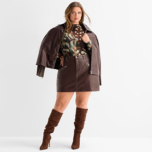 Ashley Graham Women’s Plus Distressed Faux Leather Mini Skirt, 28w, Brown
