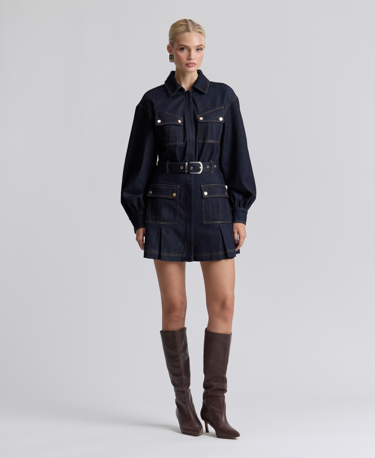 Avec Les Filles Women’s Stretch Denim Belted Cargo Mini Dress – Dark Rinse Avec Les Filles Women’s Stretch Denim Belted Cargo Mini Dress – Dark Rinse