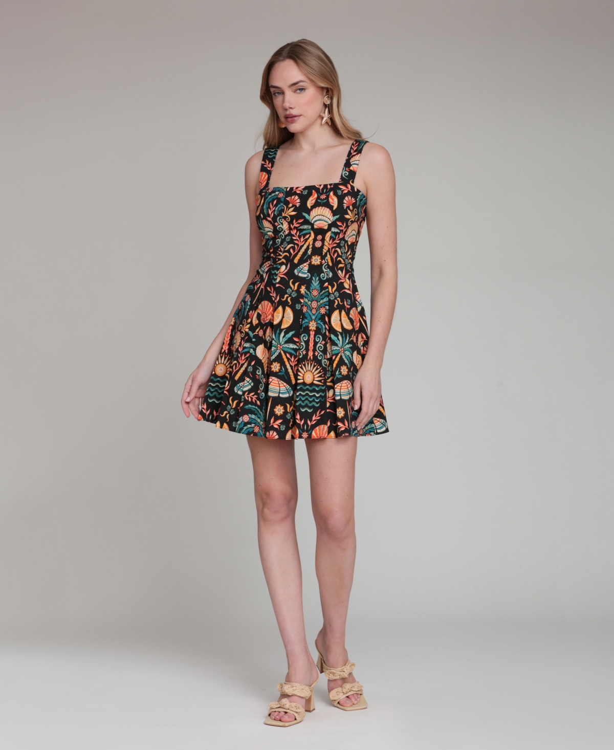 Avec Les Filles Women’s Tropical Print Stretch Pleated Mini Dress – Black Soleil Palm Avec Les Filles Women’s Tropical Print Stretch Pleated Mini Dress – Black Soleil Palm