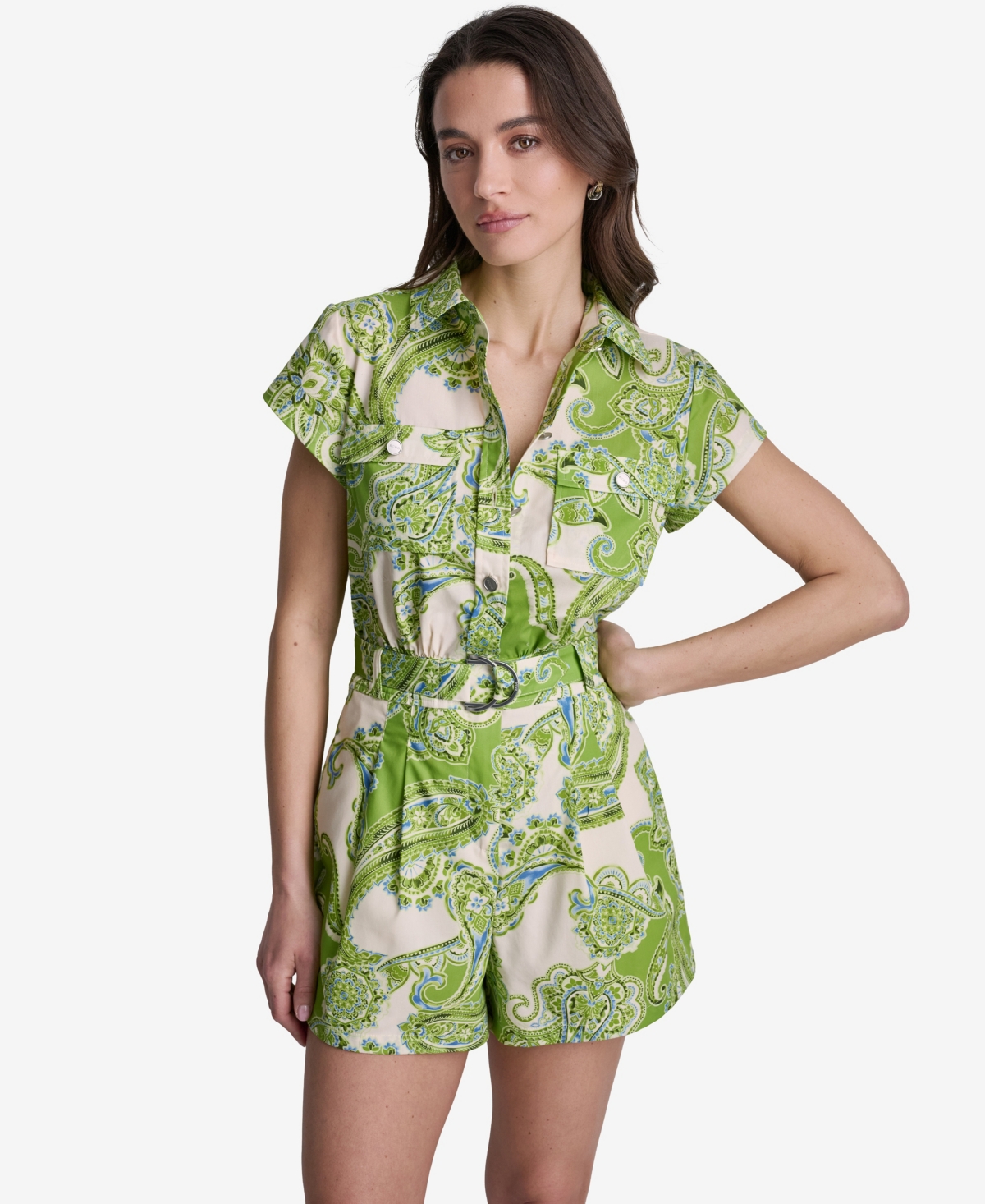 Bcbg Women’s Printed Belted Collared Short Romper – Green