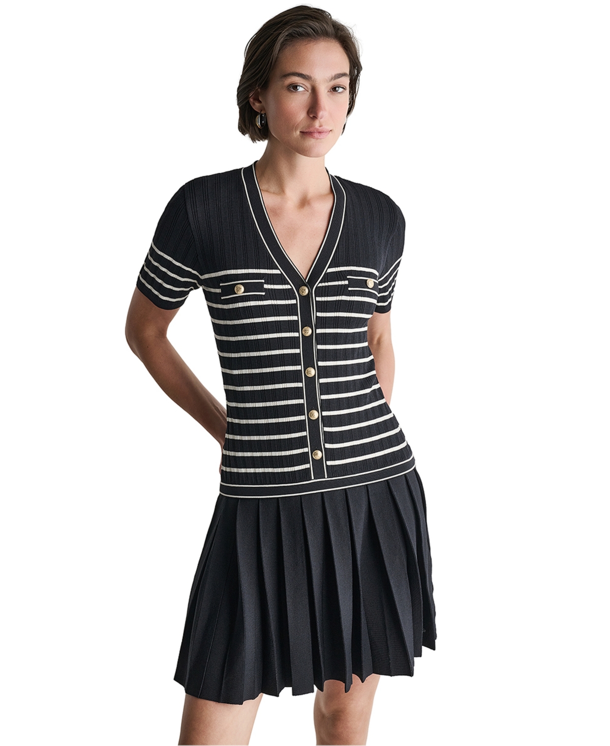 Bcbg Women’s V-Neck Striped Drop-Waist Mini Dress – Black/Buttercream