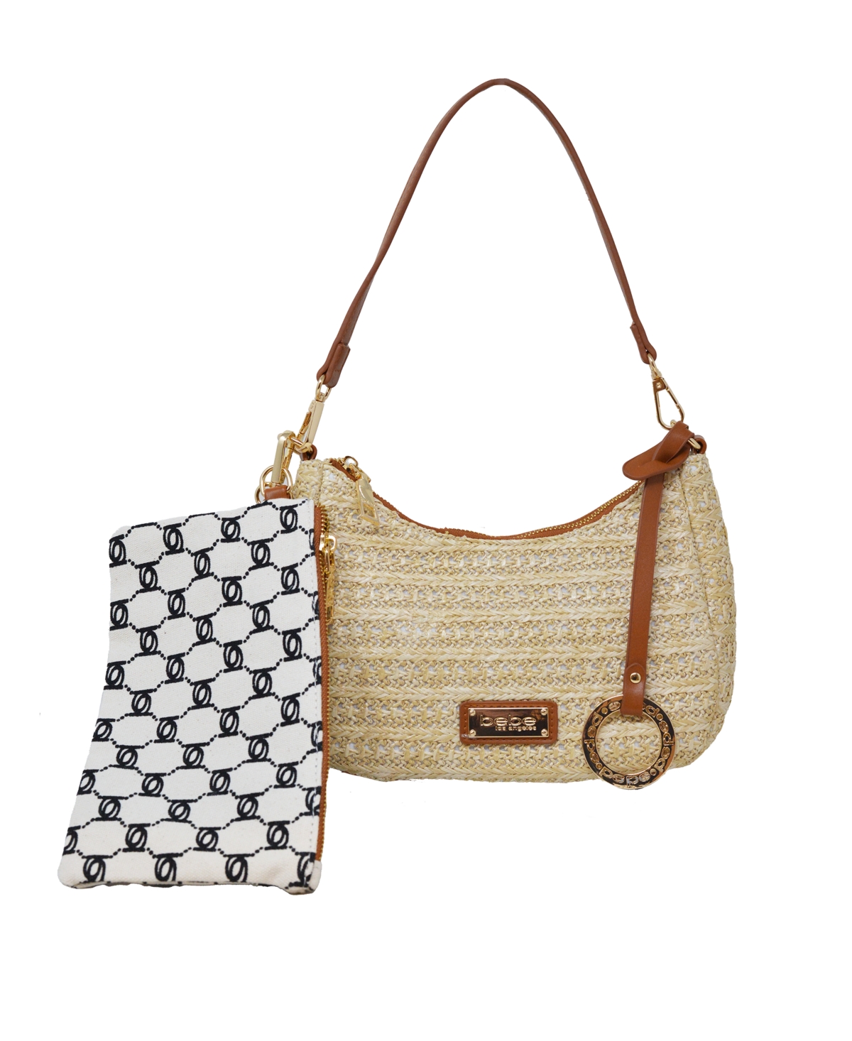 Bebe Eva Straw Small Shoulder Bag – Natural / Cognac Bebe Eva Straw Small Shoulder Bag – Natural / Cognac