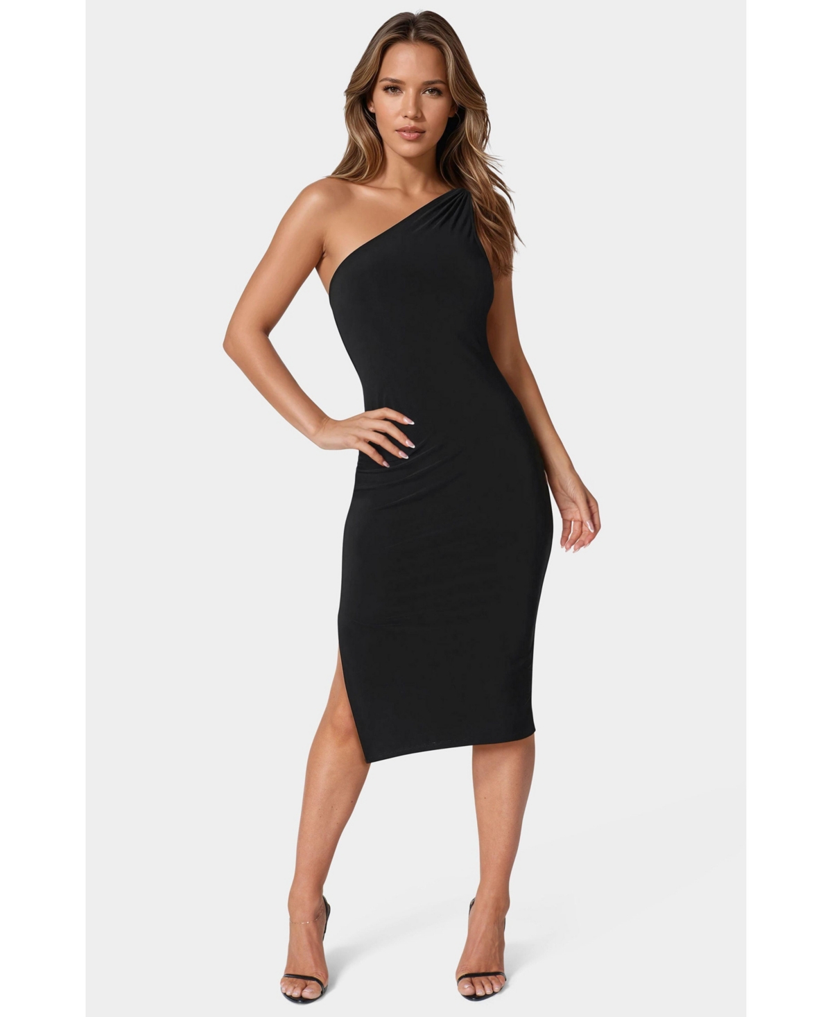 Bebe Women’s Jersey One Shoulder Midi with Gold Trim – Black