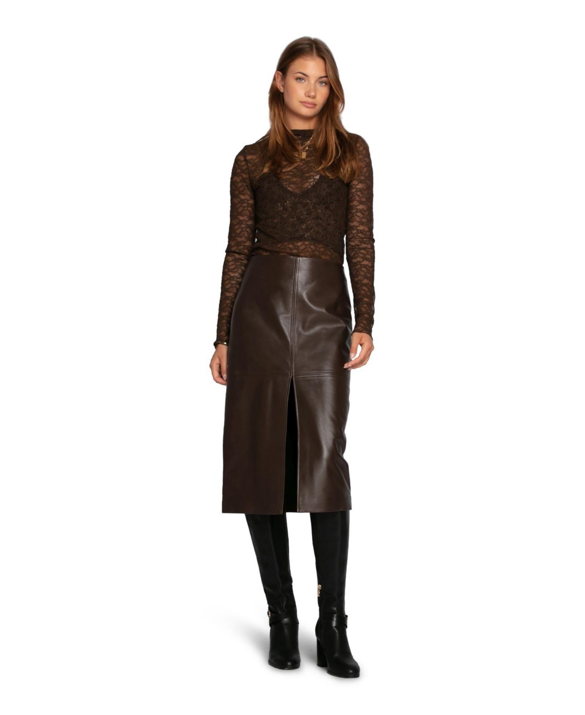 Belle & Bloom Women’s Understated Leather Pencil Skirt – Chocolate