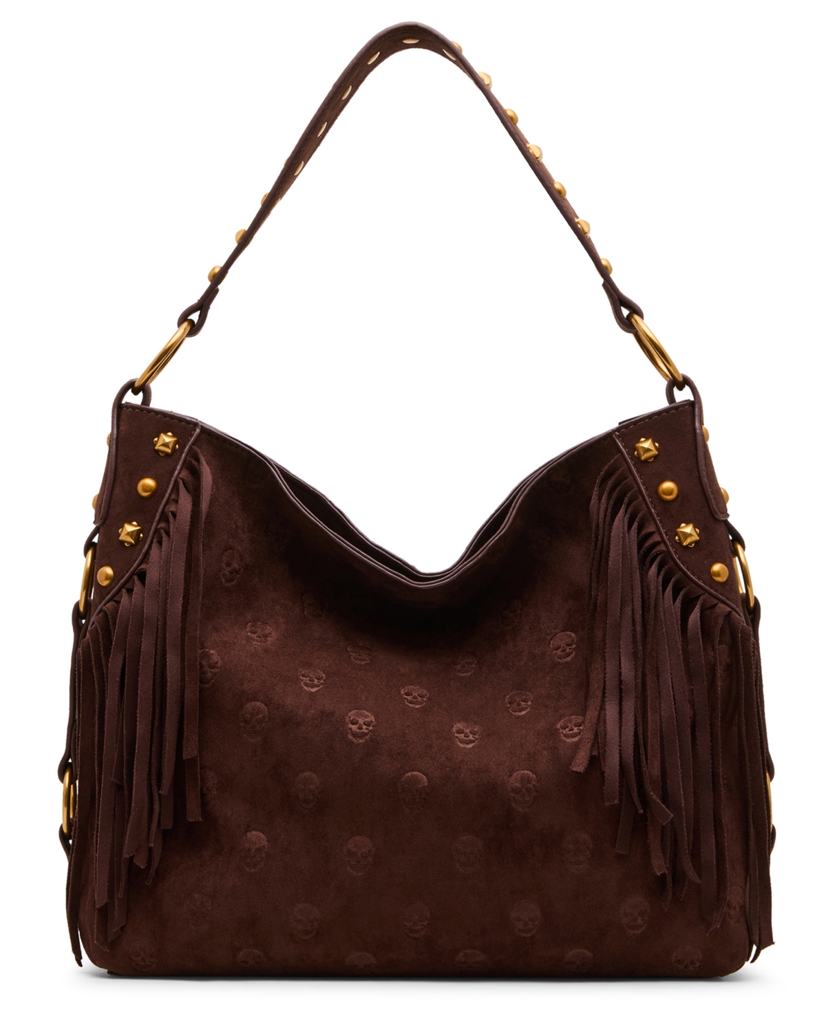 Betsey Johnson Skully Suede Fringe Medium Hobo Handbag – Brown