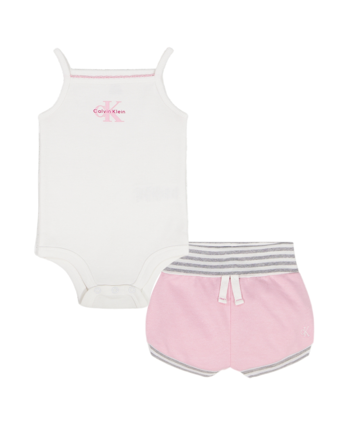 Calvin Klein Baby Girls’ Ribbed Tank Bodysuit and Shorts, 2-Piece Set – White/Pink