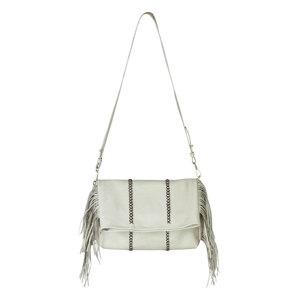 Carlos Falchi Medium Fringe Leather Crossbody Messenger – Winter white