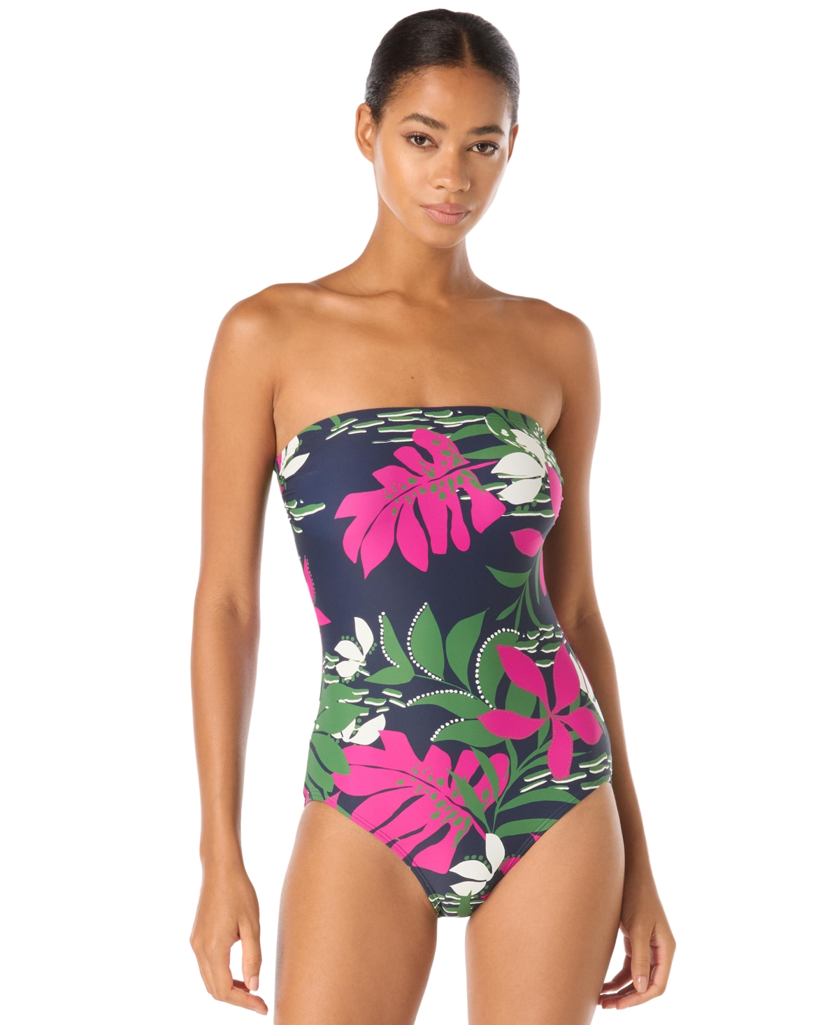 Carmen Marc Valvo Women’s Floral-Print Bandeau One-Piece Swimsuit with Adjustable Straps – Navy