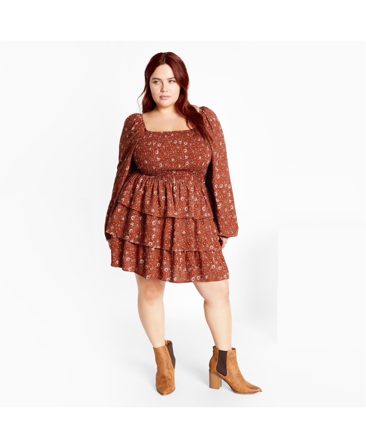 City Chic Plus Size Dahlia Print Mini Dress – Rust print