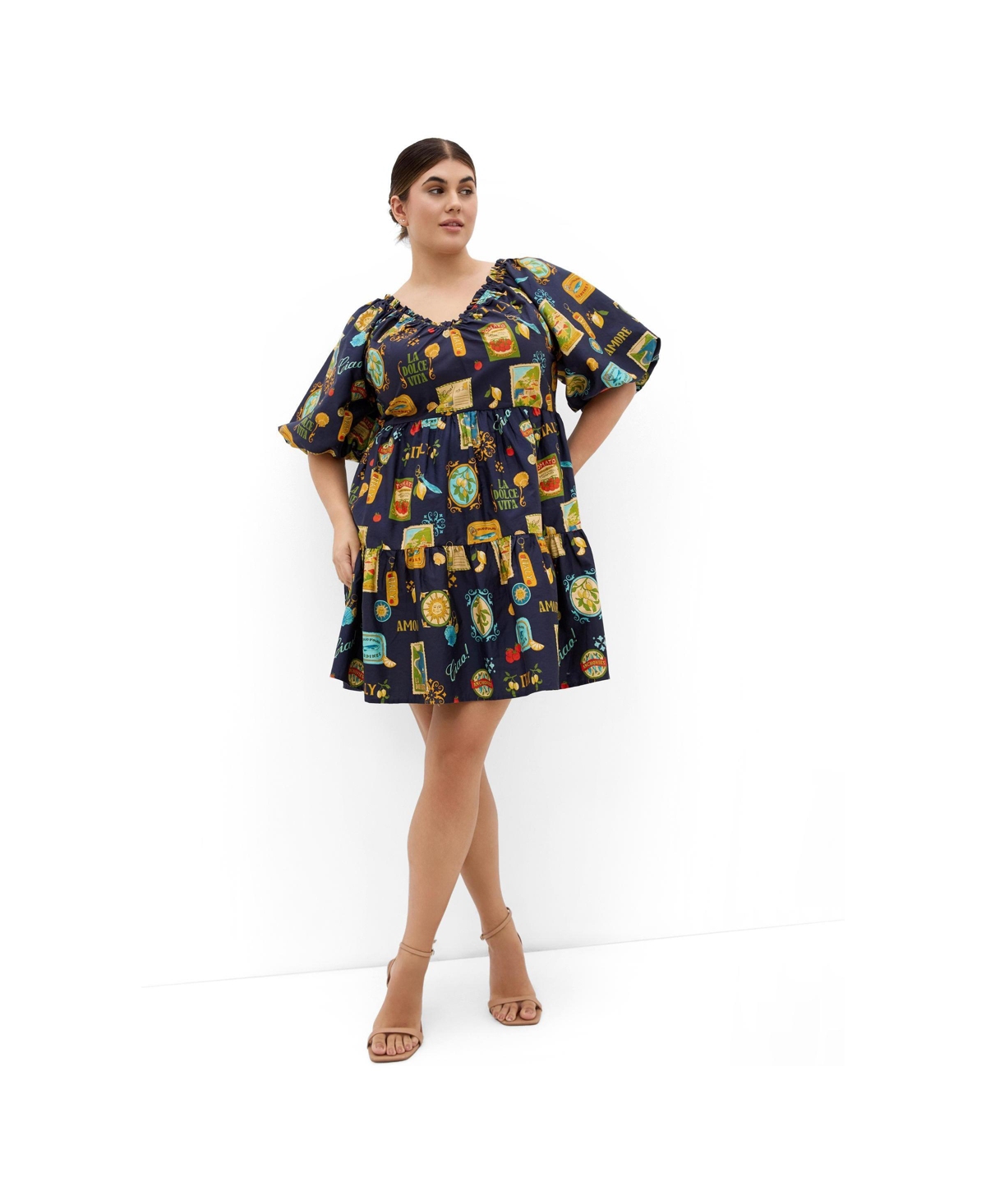 City Chic Women’s Plus Size Print Puff Sleeve Mini Dress – Navy la dolce