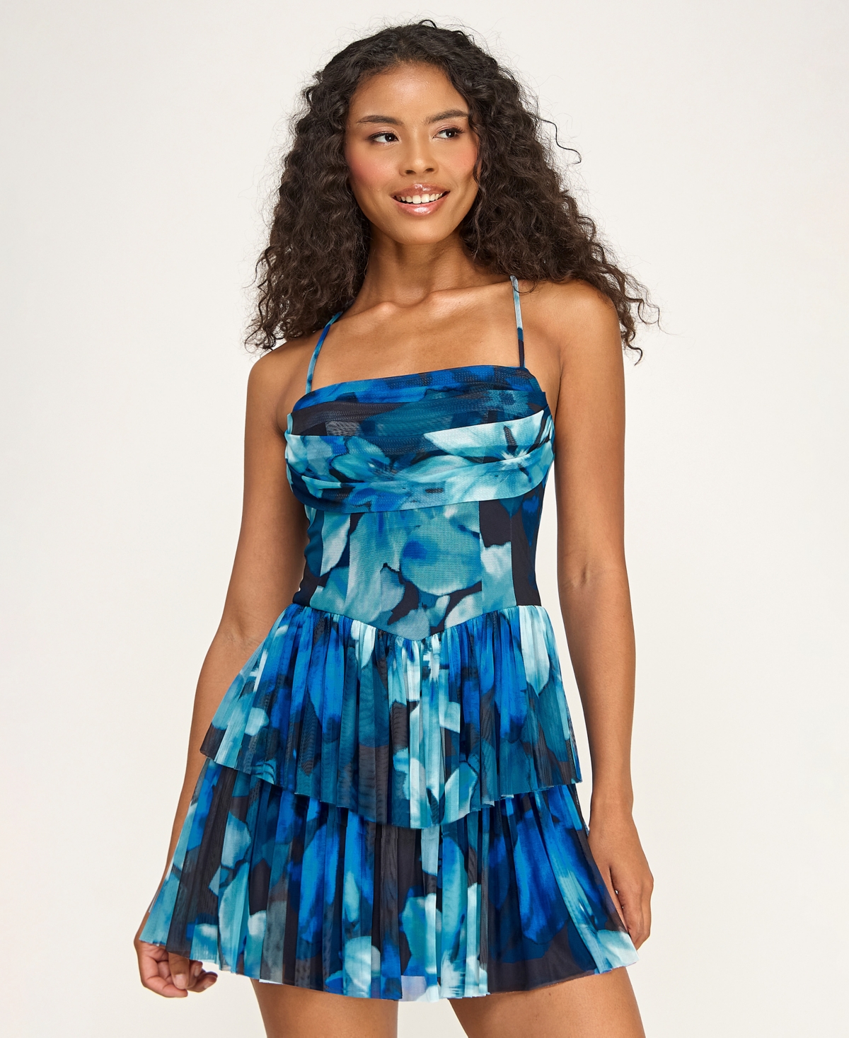 City Studios Juniors’ Printed Mesh Straight Neck Tiered Mini Dress – Aqua/Navy City Studios Juniors’ Printed Mesh Straight Neck Tiered Mini Dress – Aqua/Navy