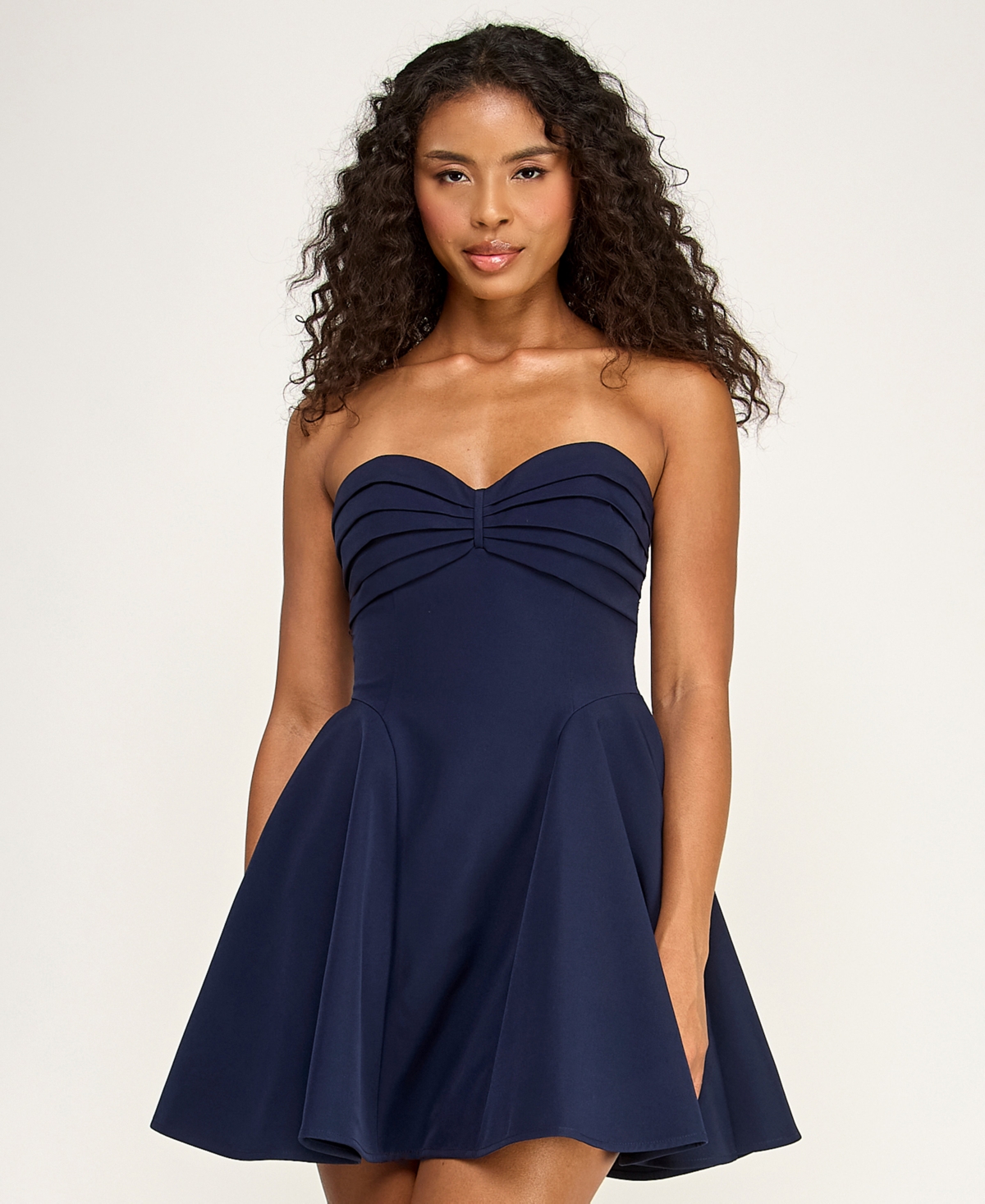 City Studios Juniors’ Strapless Pleated Fit and Flare Mini Dress – Navy City Studios Juniors’ Strapless Pleated Fit and Flare Mini Dress – Navy