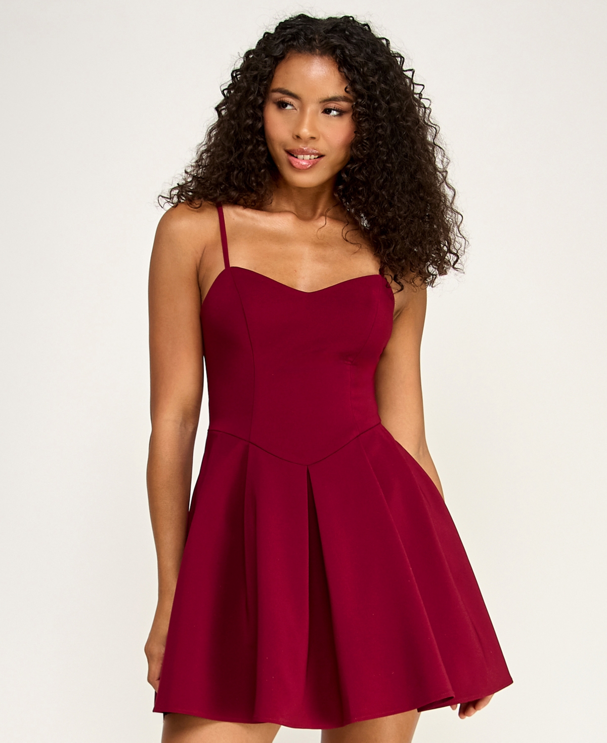 City Studios Juniors’ Sweetheart Neck Spaghetti Strap Mini Dress – Wine