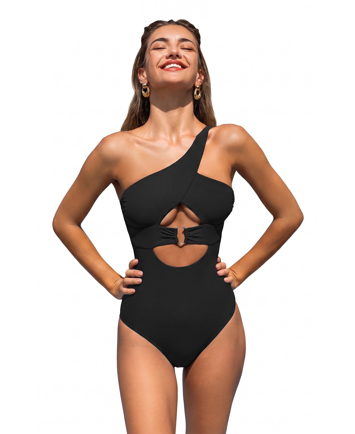 Cupshe Women’s Alluring One-Shoulder One-Piece Swimsuit with Cutouts – Black