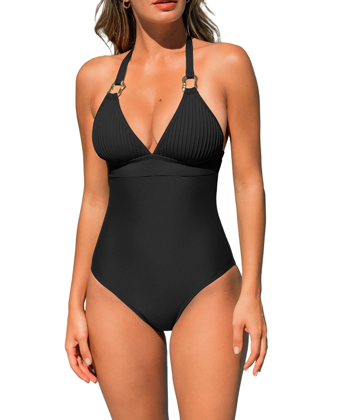 Cupshe Women’s Ribbed V-Neck Metal Trim One-Piece Swimsuit – Black Cupshe Women’s Ribbed V-Neck Metal Trim One-Piece Swimsuit – Black