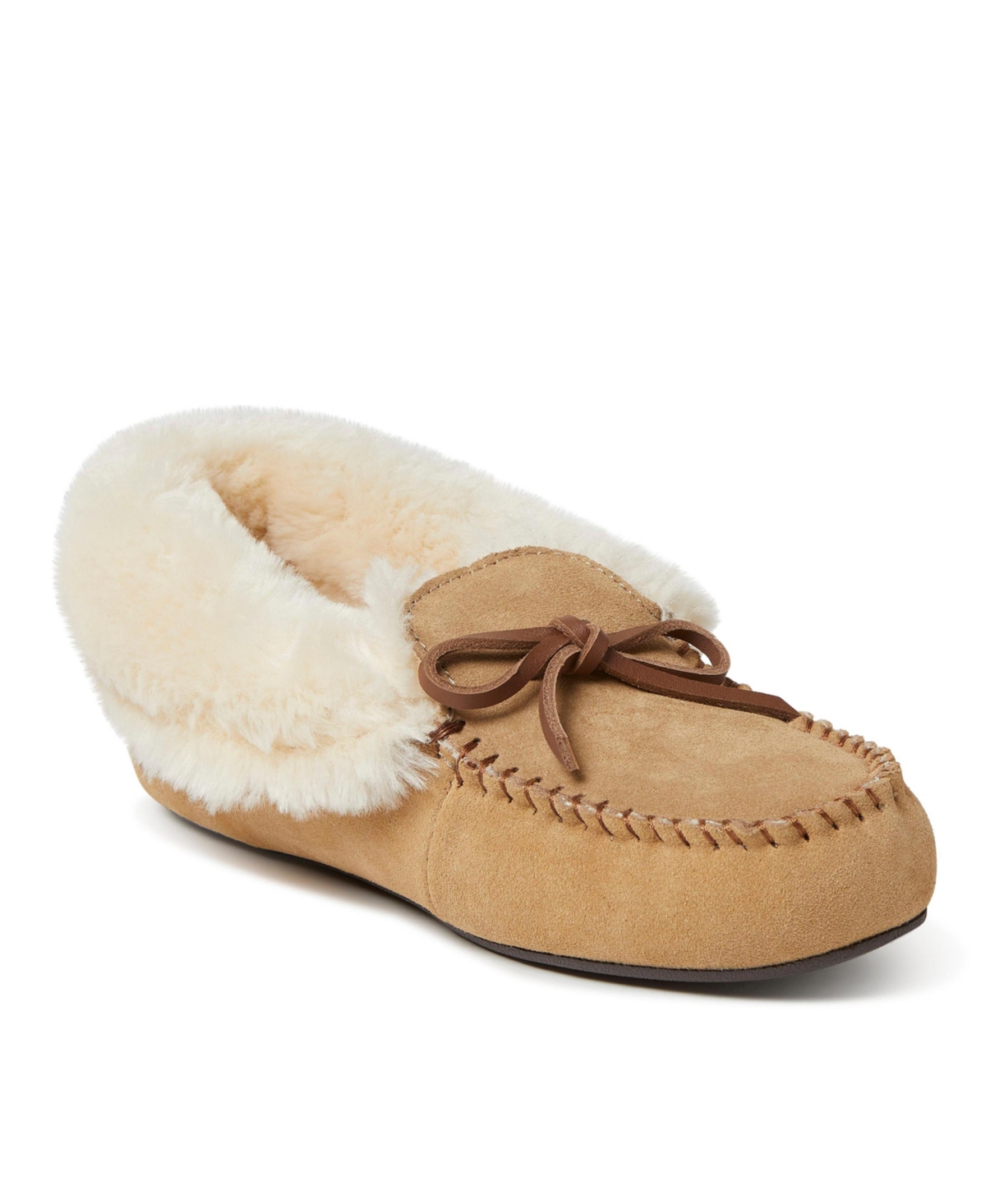Dearfoams Women’s Genuine Suede Fold Over Moccasin House Shoe Slipper – Desert