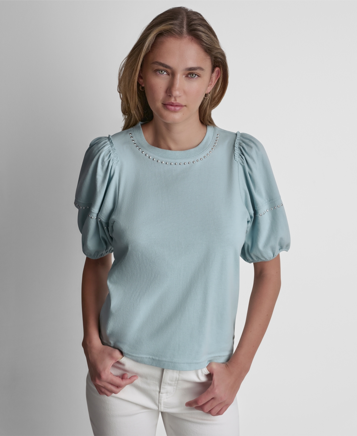 Dkny Jeans Petite Dome Studs Mini Ruffle Puff-Sleeve Crewneck T-Shirt – Mineral