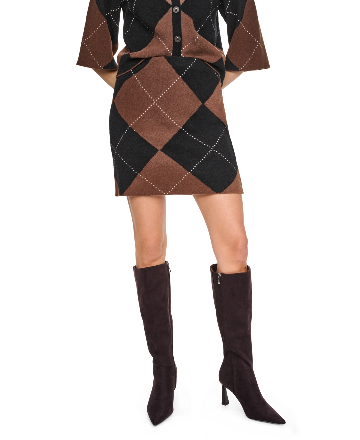 Dkny Jeans Women’s Fuzzy Argyle A-Line Mini Skirt – Black/chestnut