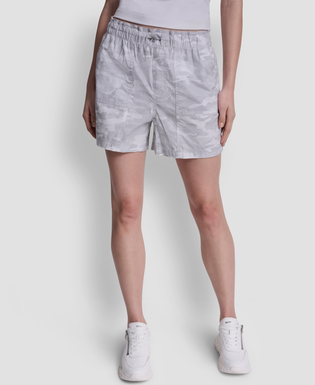 Dkny Sport Women’s Mid-Rise Bungee Waist Shorts – Camo Vapor Gray