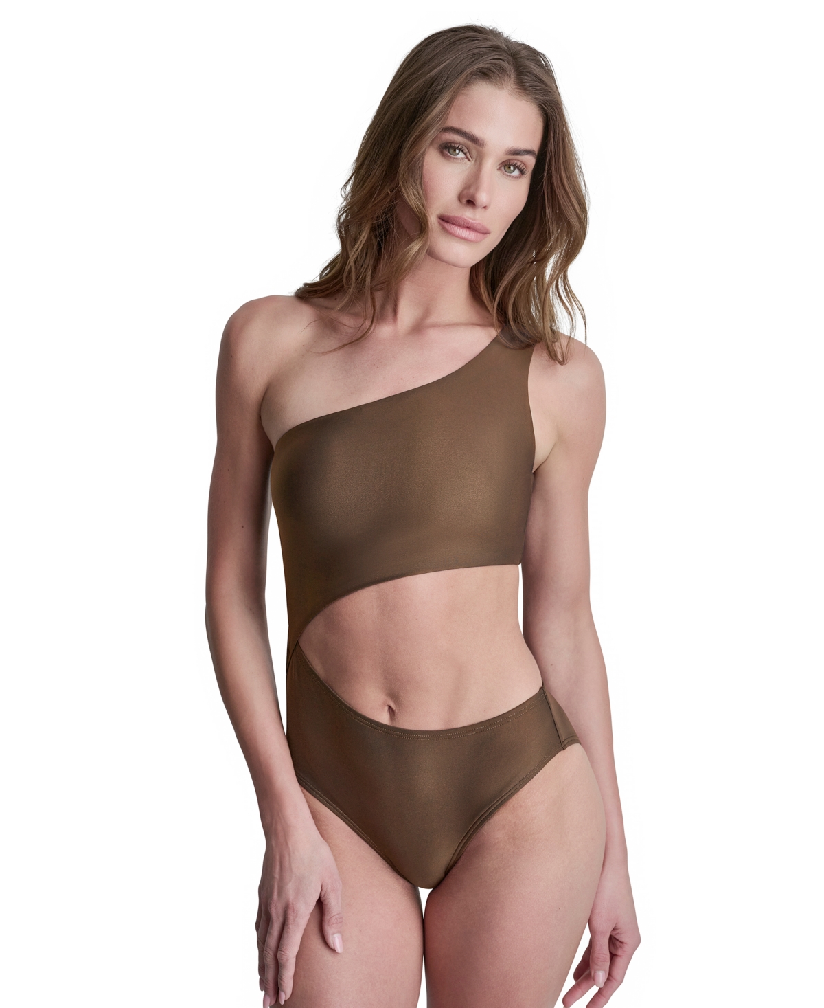 Dkny Women’s One-Shoulder Cut Out One-Piece Swimsuit – Mocha