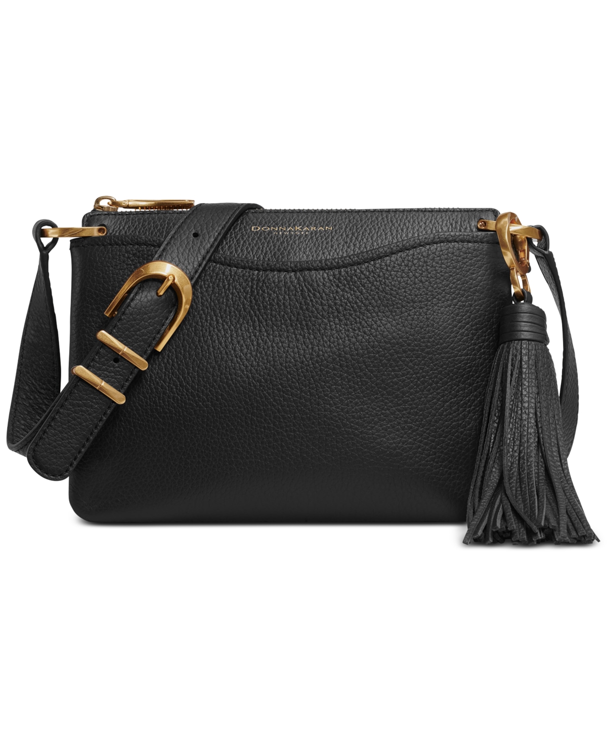 Donna Karan New York Glenwood Zippered Leather Crossbody with Tassel Detail – Blk/gold