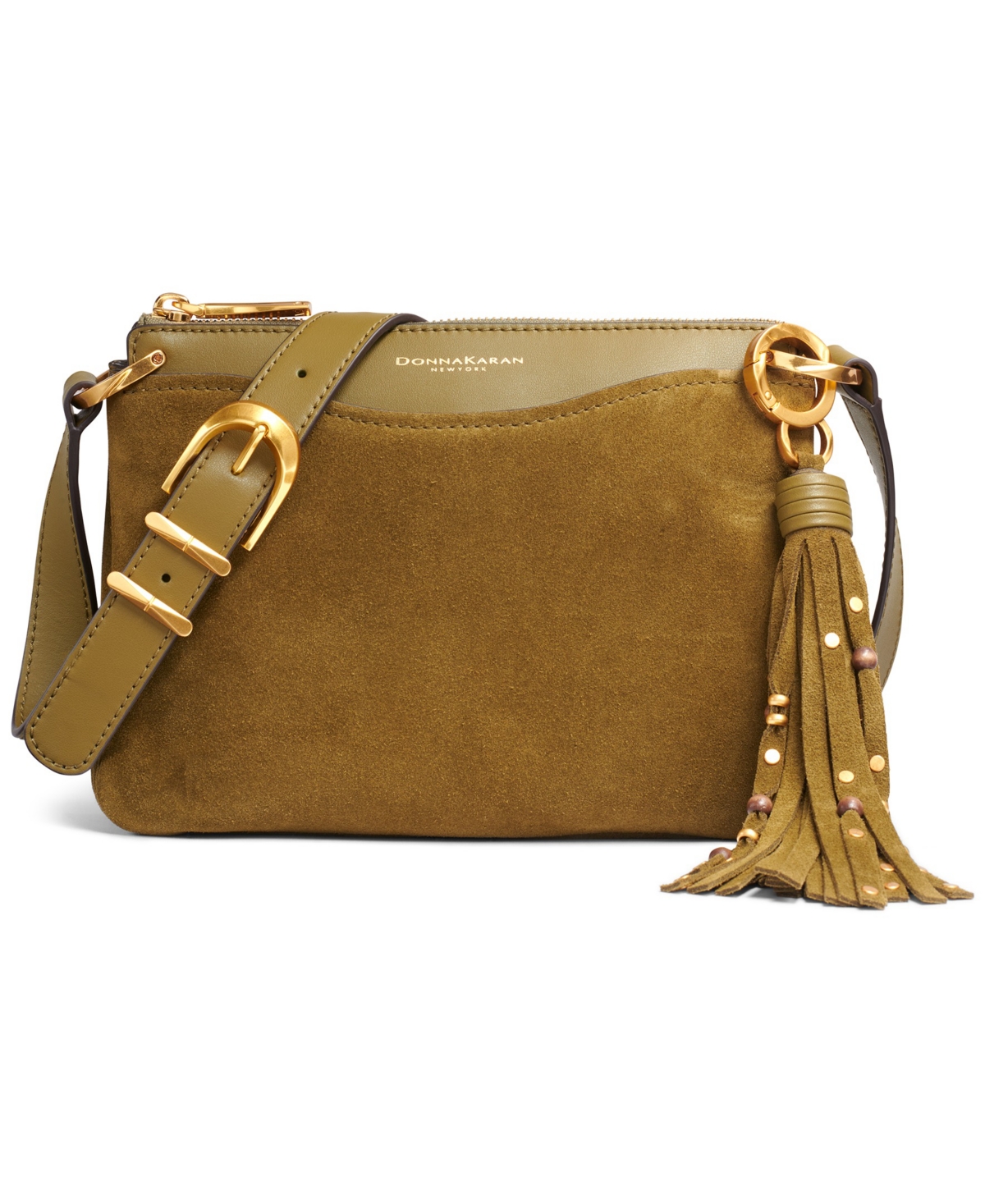 Donna Karan New York Glenwood Zippered Suede Crossbody with Beaded Tassel Detail – Smoky Olive