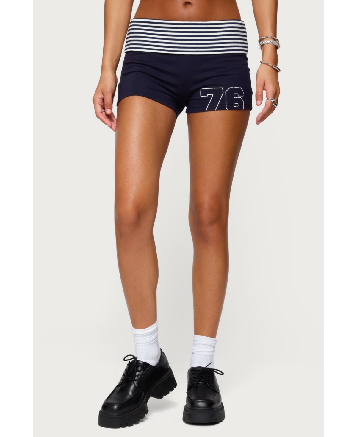Edikted Women’s 76 Stripey Fold Over Shorts – Navy-and-white Edikted Women’s 76 Stripey Fold Over Shorts – Navy-and-white