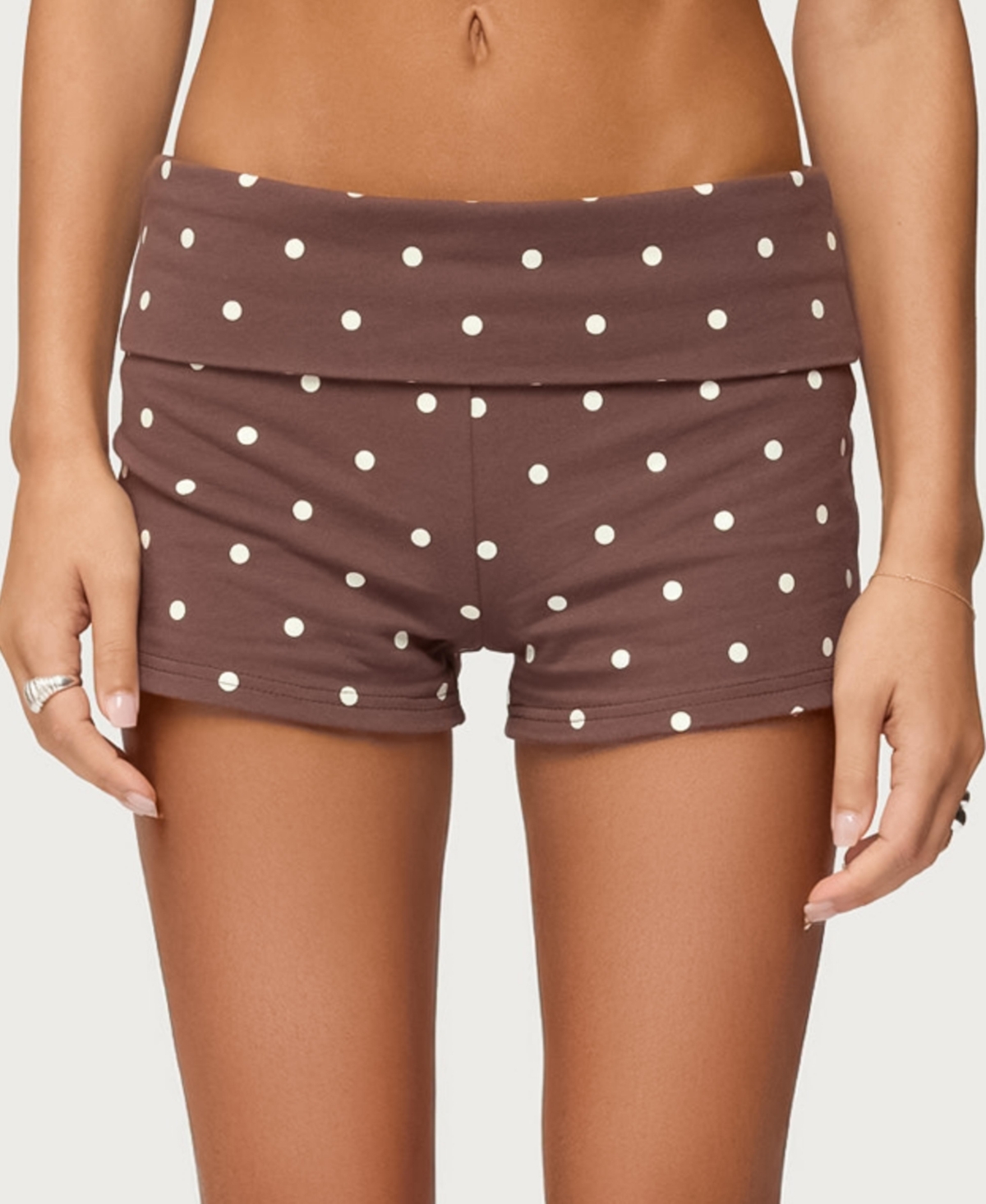 Edikted Womens Chelsie Polka Dot Foldover Shorts – Brown Edikted Womens Chelsie Polka Dot Foldover Shorts – Brown