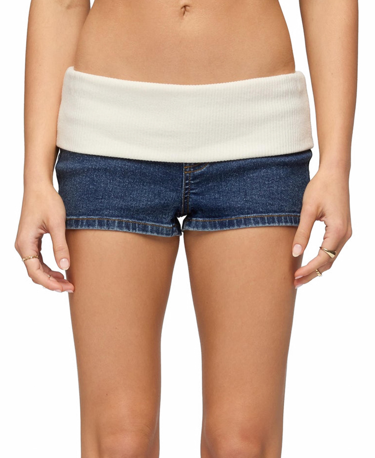 Edikted Women’s Contrast Foldover Denim Micro Shorts – Dark-blue Edikted Women’s Contrast Foldover Denim Micro Shorts – Dark-blue