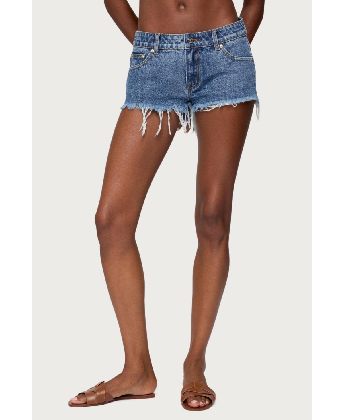 Edikted Women’s Frayed Vintage Washed Denim Shorts – Blue