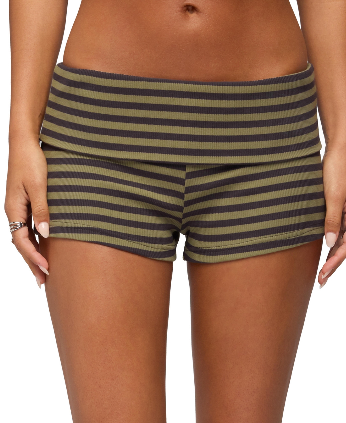 Edikted Women’s Jody Striped Foldover Shorts – Gray-and-olive Edikted Women’s Jody Striped Foldover Shorts – Gray-and-olive