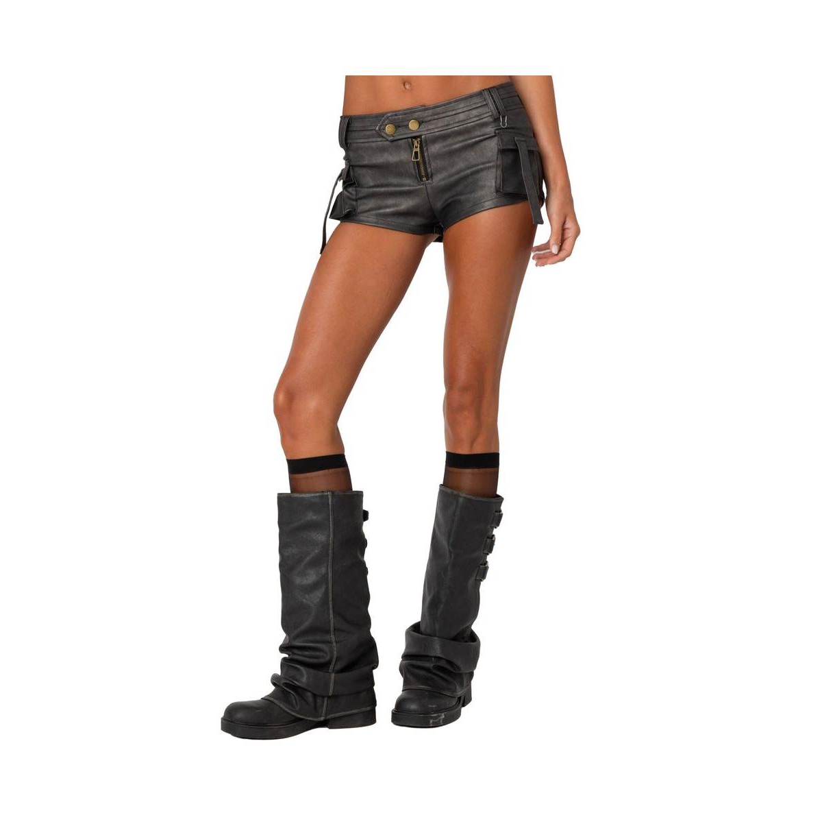 Edikted Women’s Washed Faux Leather Micro Cargo Shorts – Black-washed Edikted Women’s Washed Faux Leather Micro Cargo Shorts – Black-washed