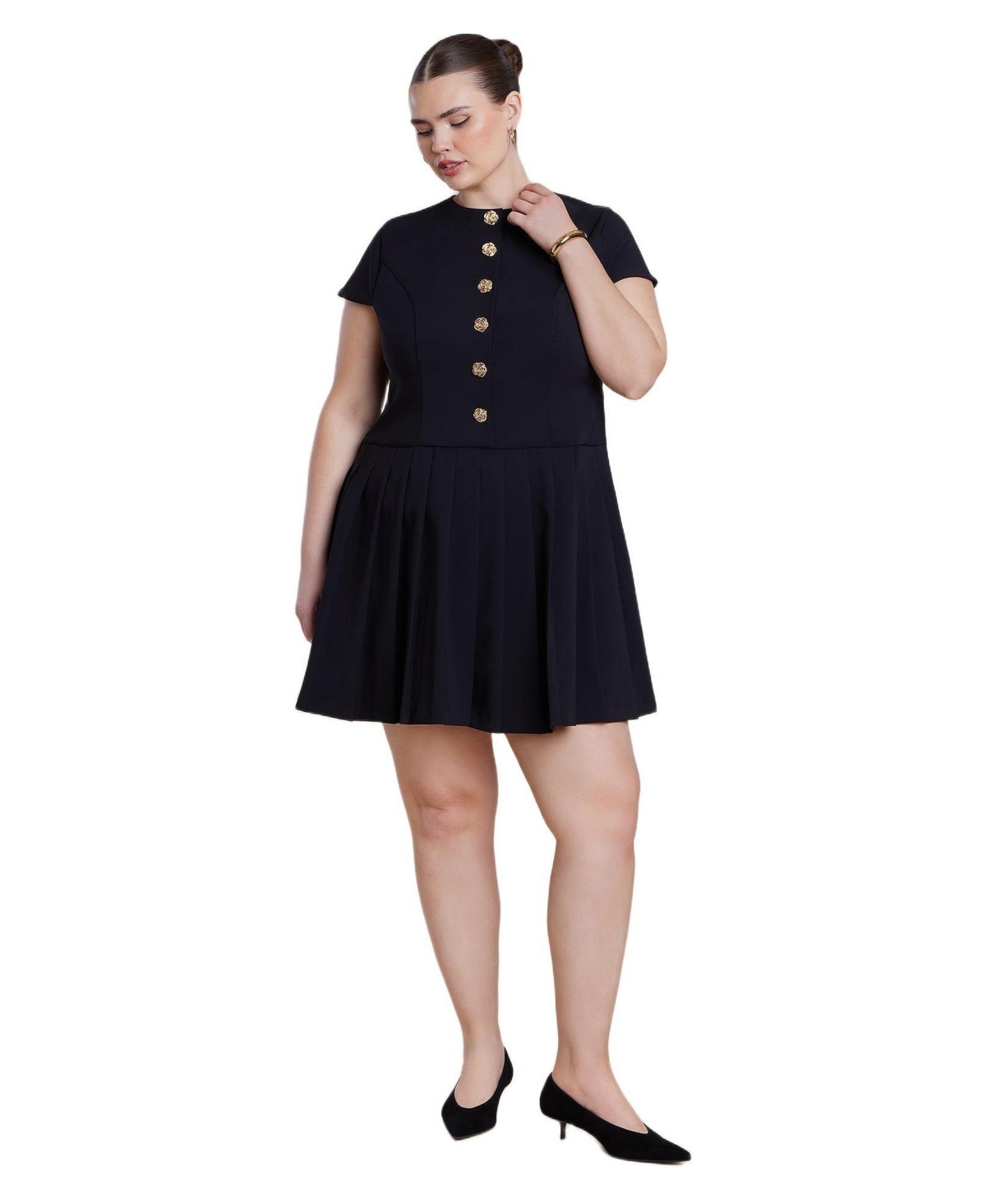 Eloquii Women’s Button Detail Pleated Mini Dress – Jet stream Eloquii Women’s Button Detail Pleated Mini Dress – Jet stream