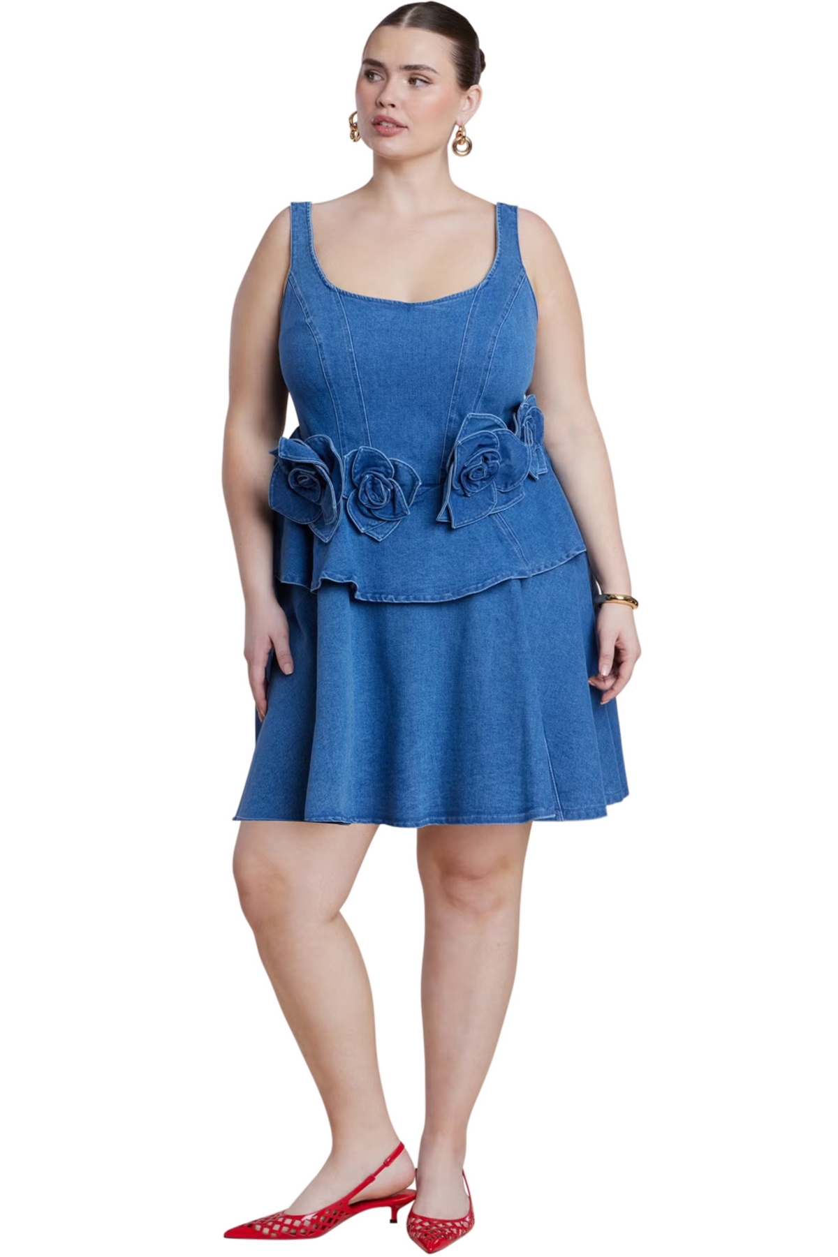 Eloquii Women’s Denim Flower Applique Mini Dress – Medium wash Eloquii Women’s Denim Flower Applique Mini Dress – Medium wash