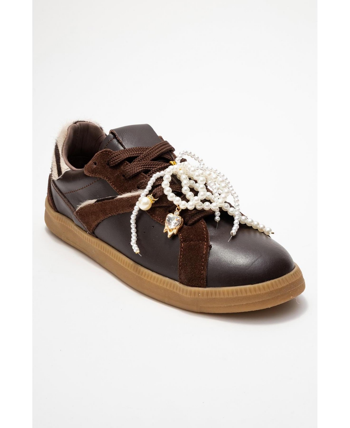 Forever & Always Shoes Taren Leather Pearl Buckle Sneakers (Women) – Brown leather