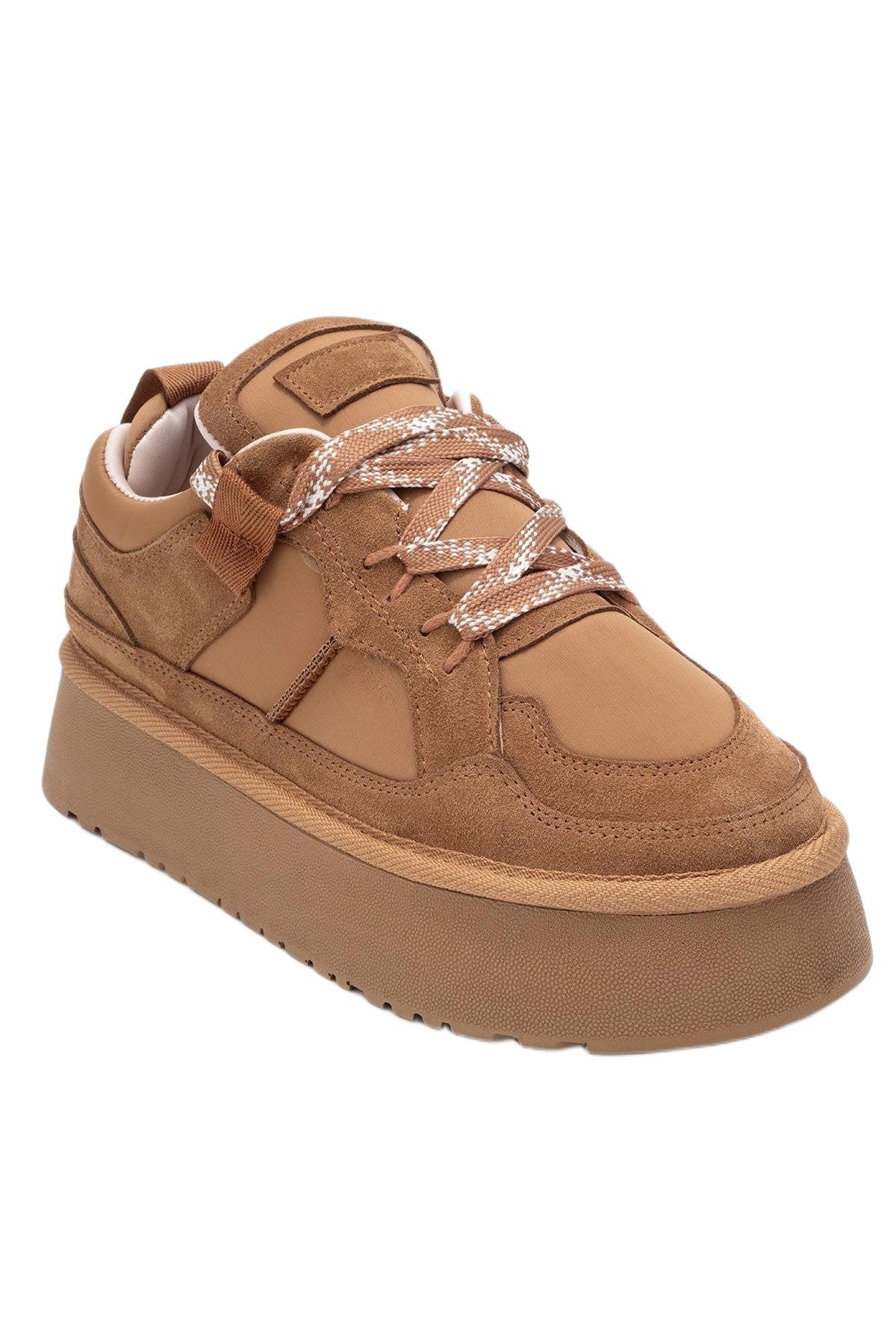 Forever & Always Shoes Women’s Riven Leather Platform Sneaker – Cognac suede