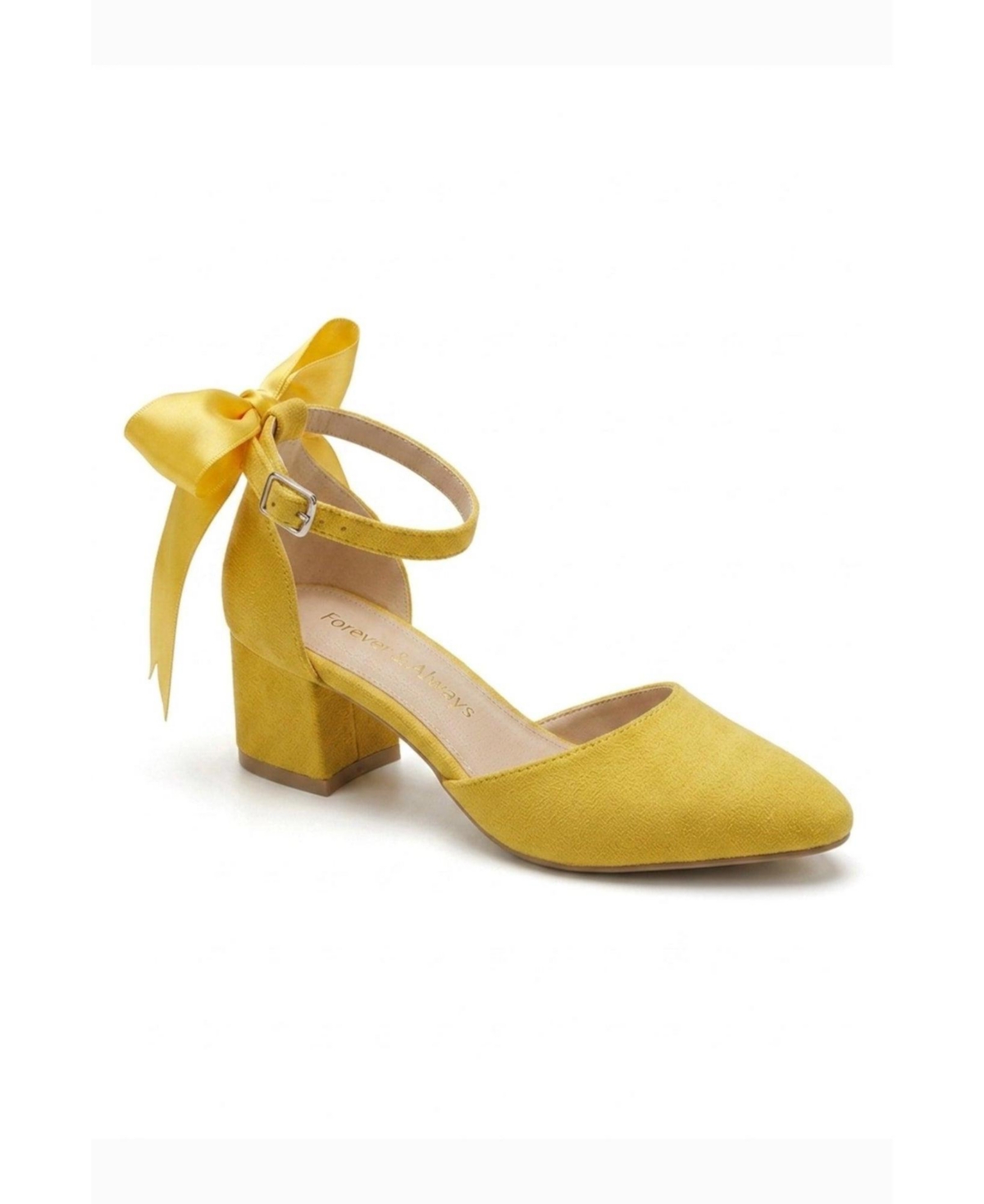 Forever and Always Shoes Women’s Arielle Bow Ankle Strap Block Heel Pump – Yellow suede
