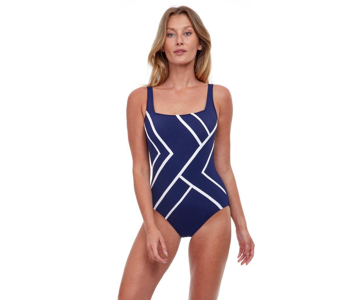 Gottex Womens Mirage Full Coverage Square Neck One Piece Swimsuit – Navy-white Gottex Womens Mirage Full Coverage Square Neck One Piece Swimsuit – Navy-white