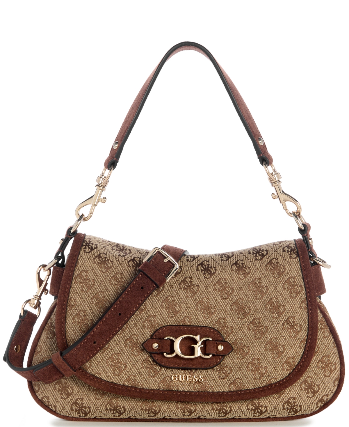 Guess Samantha Small Flap Shoulder Handbag – Latte Logo Brown Guess Samantha Small Flap Shoulder Handbag – Latte Logo Brown
