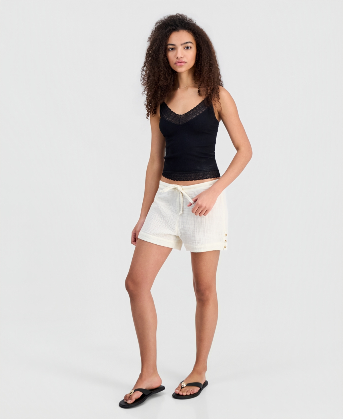 Indigo Rein Juniors’ Cotton Gauze Button-Hem Shorts – Egret Indigo Rein Juniors’ Cotton Gauze Button-Hem Shorts – Egret