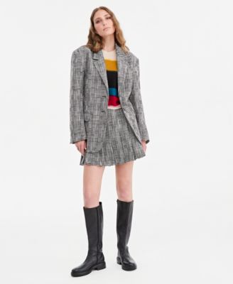 Jonathan Cohen X Macys Womens Houndstooth Statement Blazer Striped Crewneck Wool Blend Sweater Houndstooth Pleated Plaid Mini Skirt Macys Exclusive